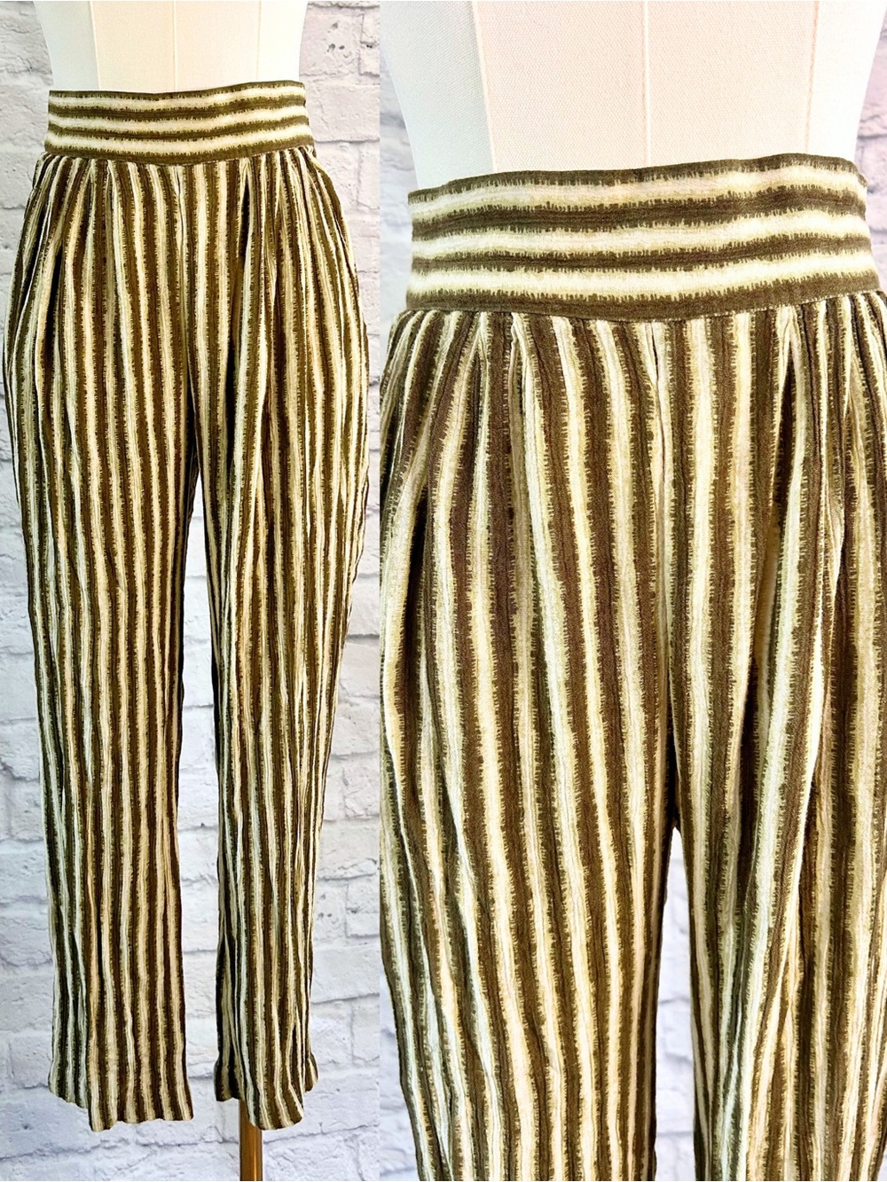CHAUS Olive & Cream Striped Pull On Pants Rayon 90s Grunge Vintage Style Boho